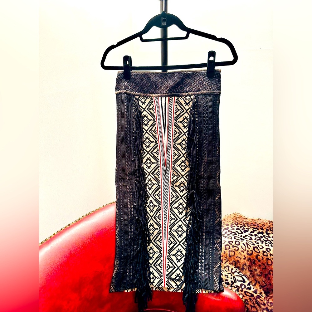 Bohemian Black & Cream Fringe Midi Skirt